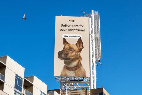 Billboard mockup featuring a dog advertisement against blue sky, ideal for pet care marketing designs, outdoor ad templates.